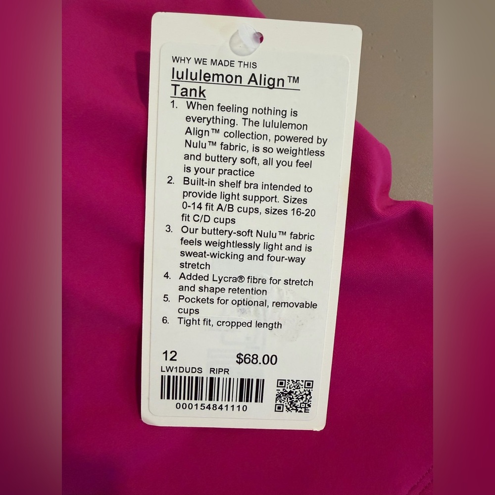 Lululemon Align Tank Ripened Raspberry Size 12 NWT - Picture 3 of 5